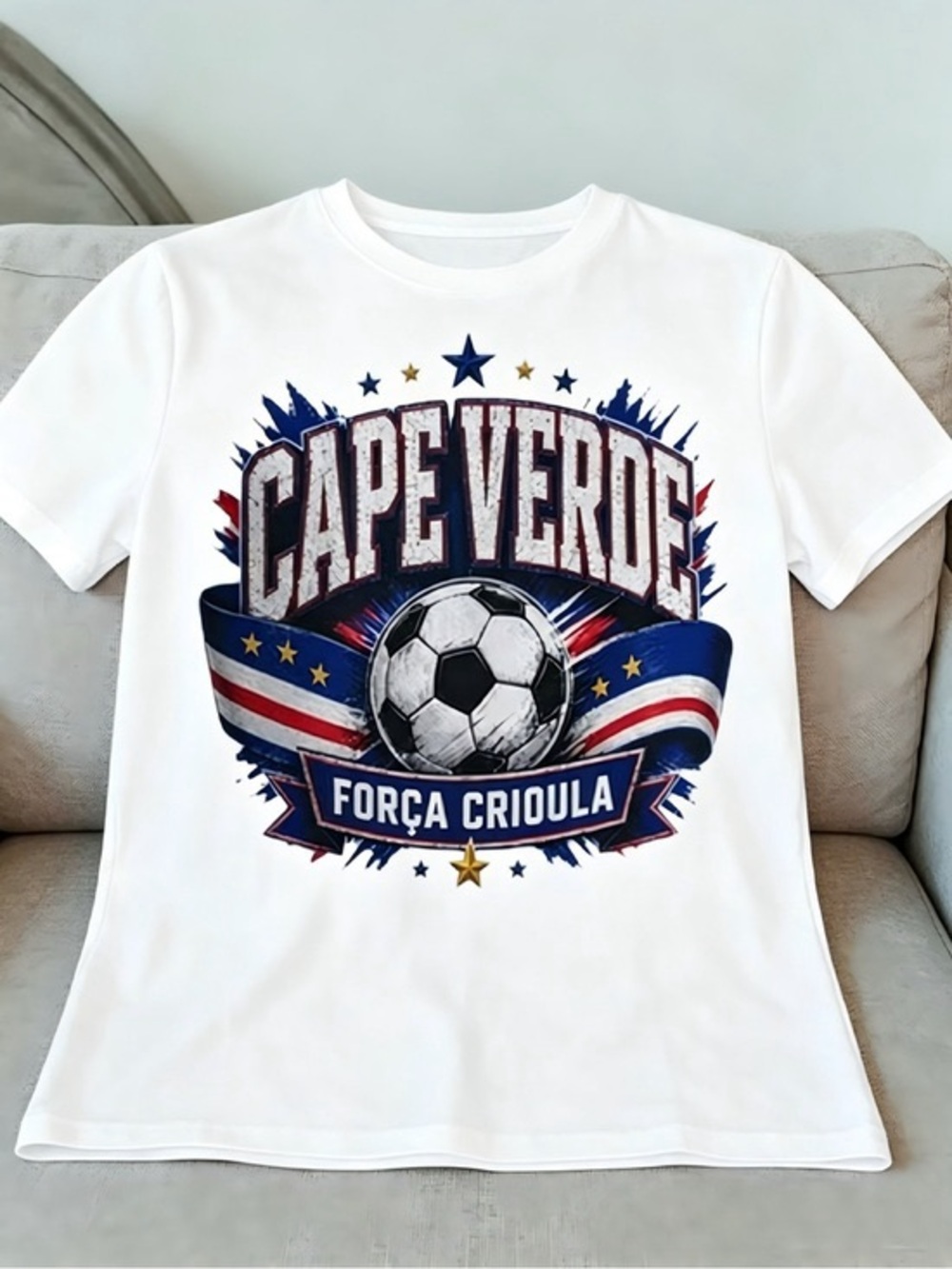 Cape Verde Soccer Graphic Tee — White with Blue & Red